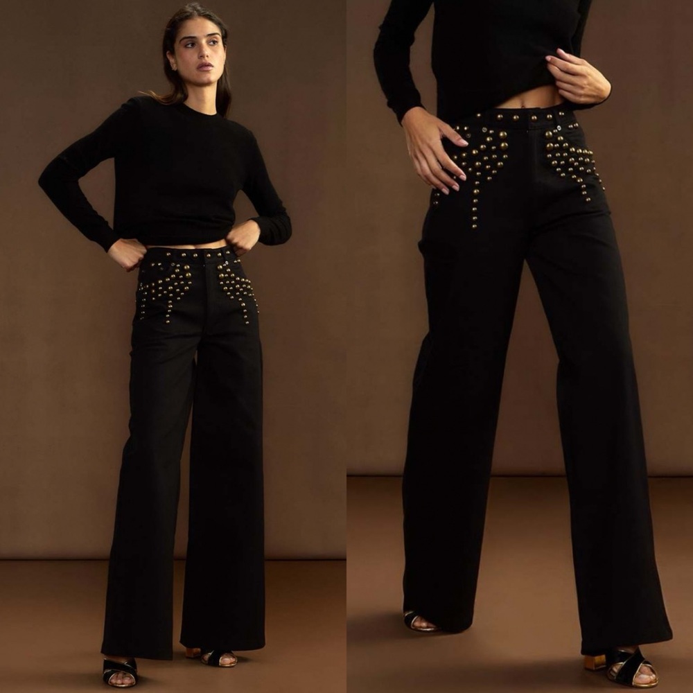 Cynthia Rowley Collection Serena Studded Wide Leg Jeans Black Gold